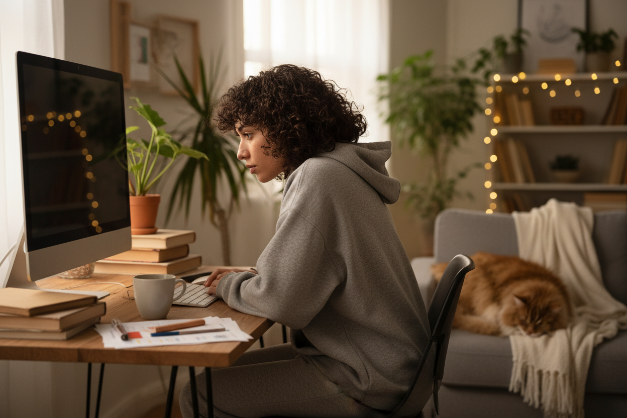 une autre personne, j'ai besoin de proximité, dans une maison situation lifestyle avec une mauvaise posture des épaules 